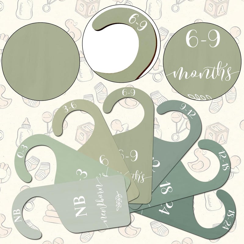 Whaline 7Pcs Green Wooden Baby Closet Size Dividers with Green Velvet Bag Newborn to 24 Month Thicken Infant Wardrobe Hanger Organizers for Home Nursery Supplies - Image 3